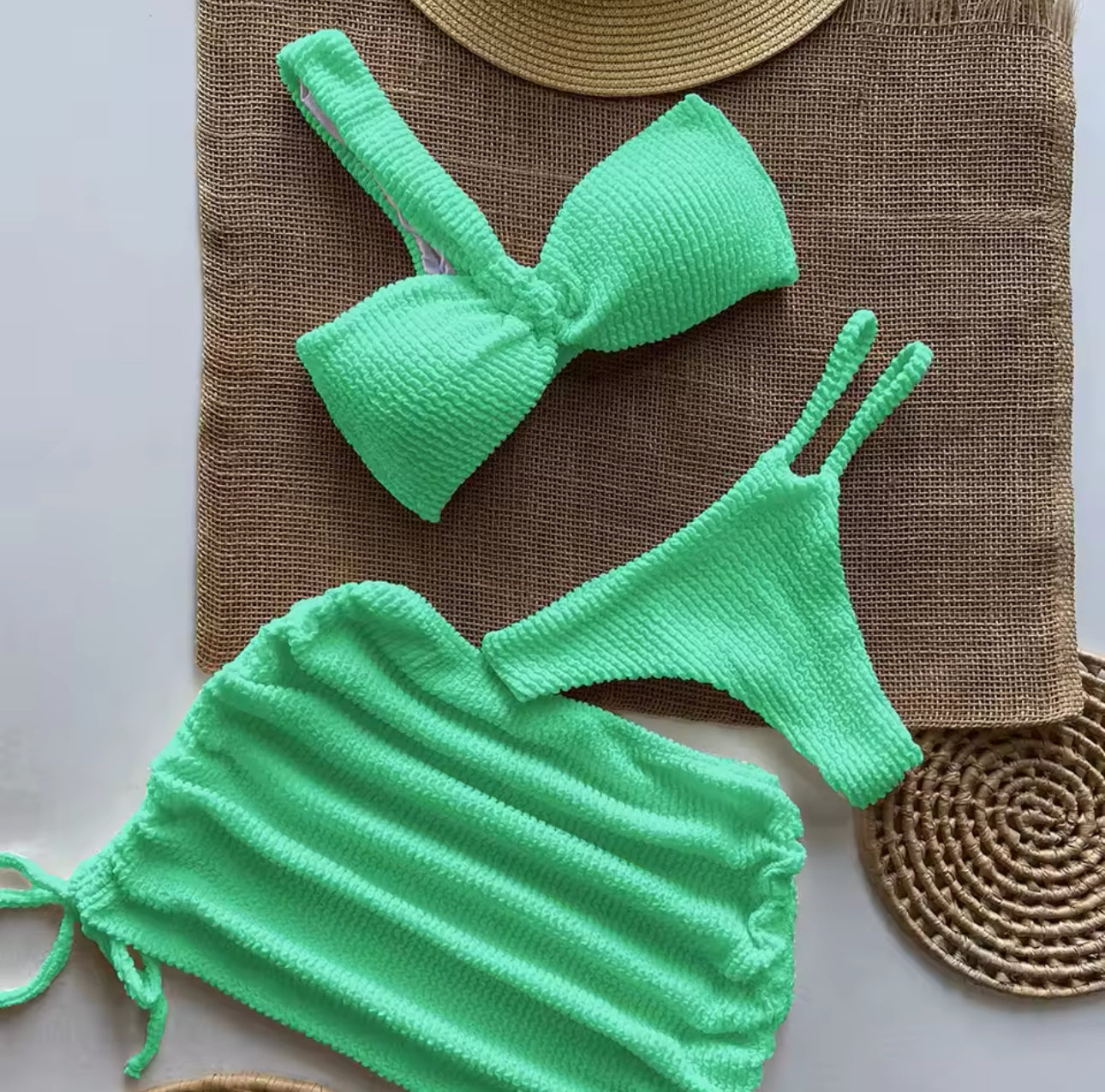 Knit set thong bikini and skirt 3pc set