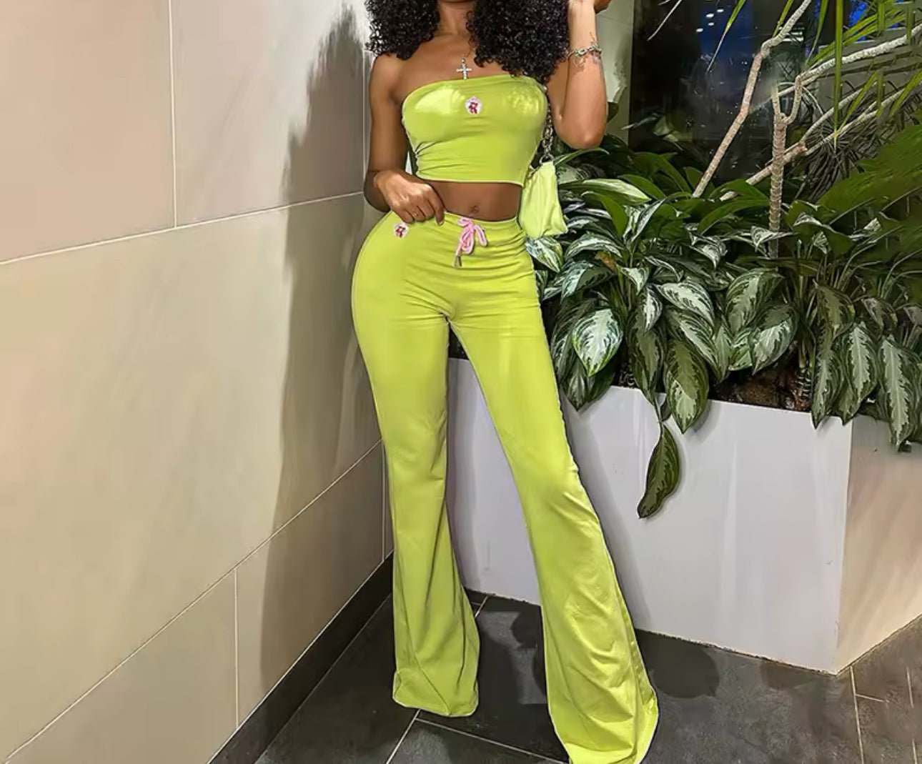 Embroidered Flower Tube Top High Waist Pant Two-Piece Set