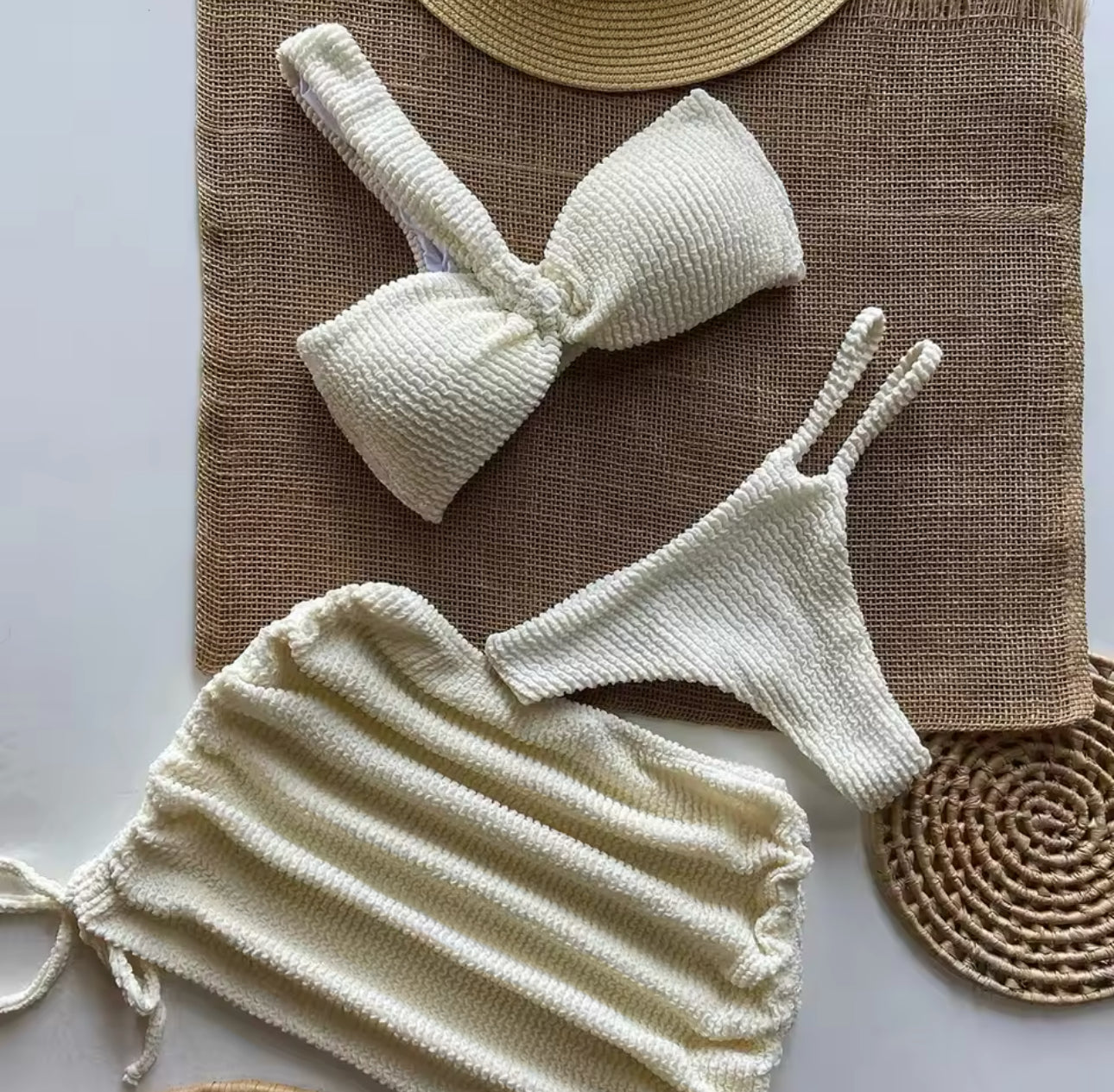 Knit set thong bikini and skirt 3pc set