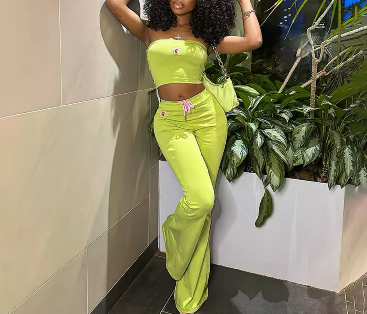 Embroidered Flower Tube Top High Waist Pant Two-Piece Set