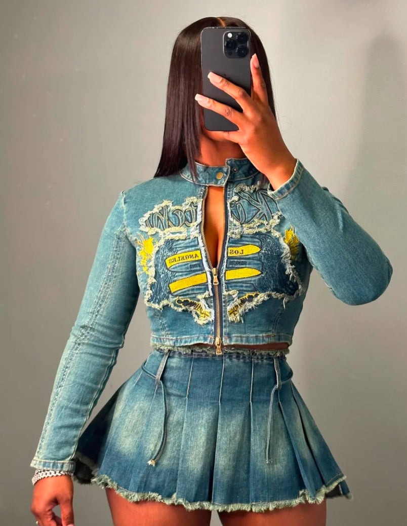 Denim two piece skirt set