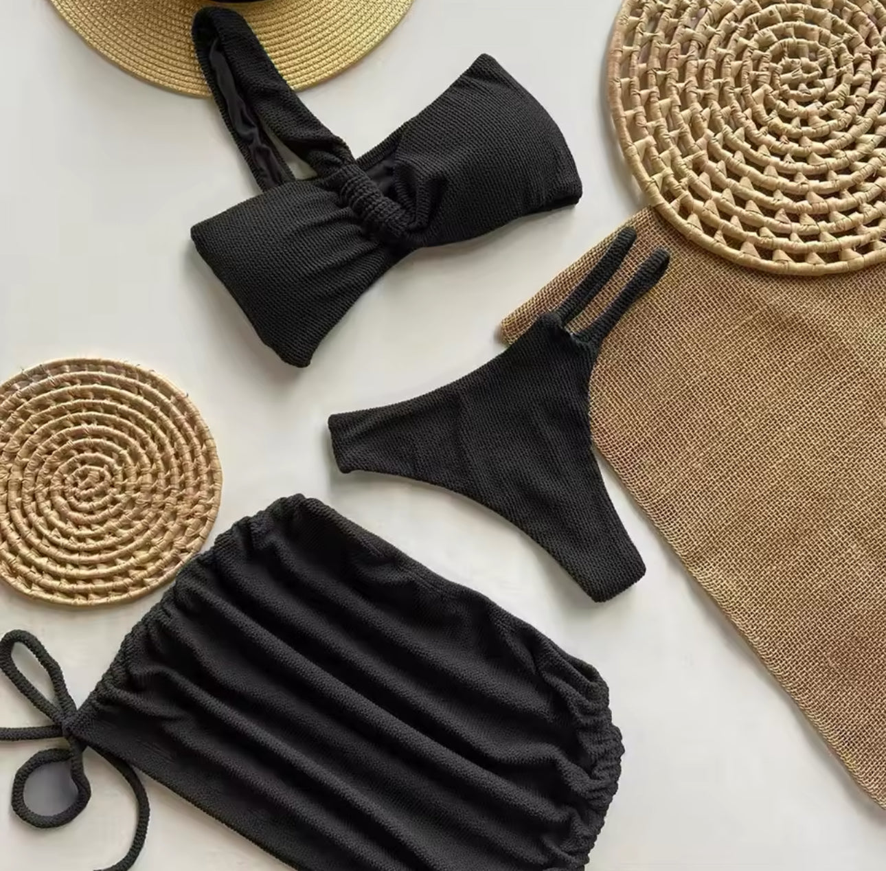 Knit set thong bikini and skirt 3pc set