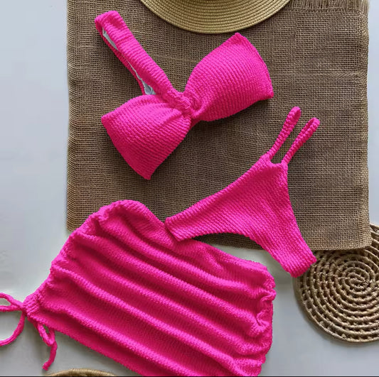 Knit set thong bikini and skirt 3pc set